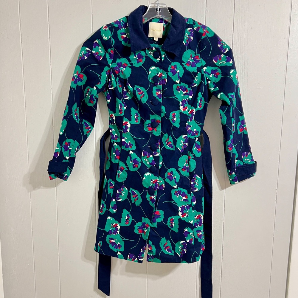 ModCloth Retro Delightful Directions Poppyโ Floral Trench Coat Button Up Belt M